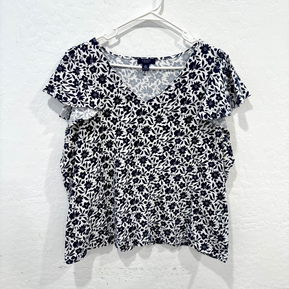 Chaps Shirt Women’s 2X Blue White Floral Flutter Sleeve Cotton Nautical Preppy